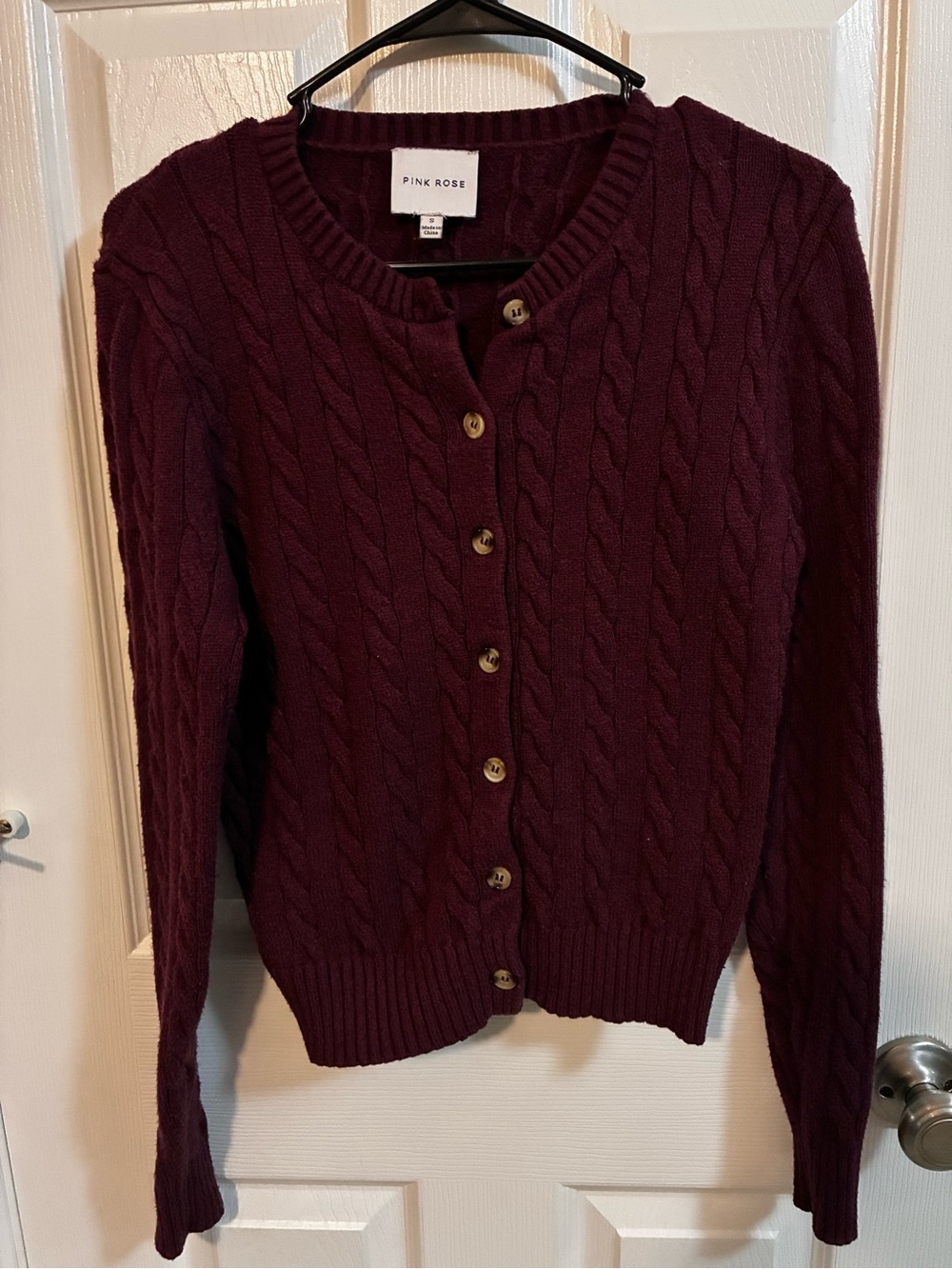 Pink Rose Women's Cable Knit Cardigan Sweater - Wine